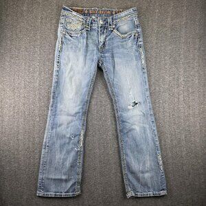 Rock Revival Hank Boot Jeans Mens 32x30 Light Wash Blue Distressed Bootcut Denim